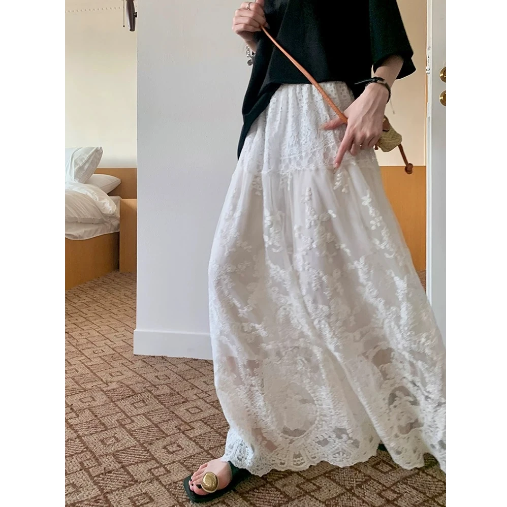 松弛感蕾丝韩版春秋新款慵懒风A型半身裙复古设计感白色半裙女