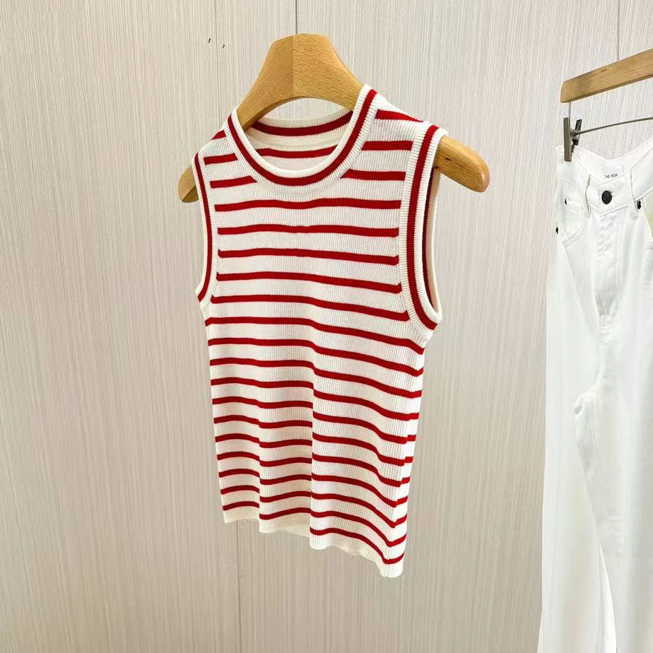 XY 红色条纹无袖背心夏季休闲百搭显瘦通勤吊带休闲上衣-5770
