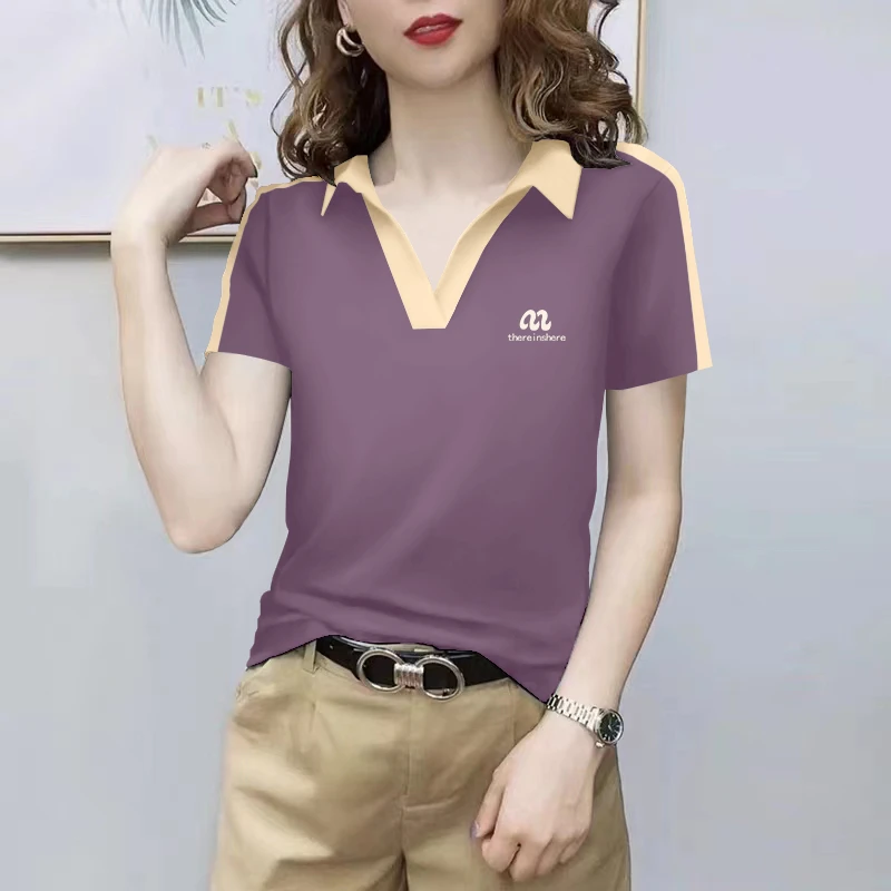短袖显瘦翻领女士T恤2025新款夏季印花通勤宽松大码翻领休闲上衣