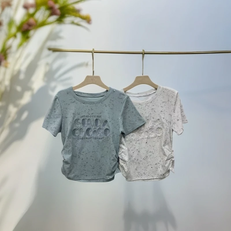 780圆领重工细闪刺绣字母不规则T恤女装气质时尚百搭T恤