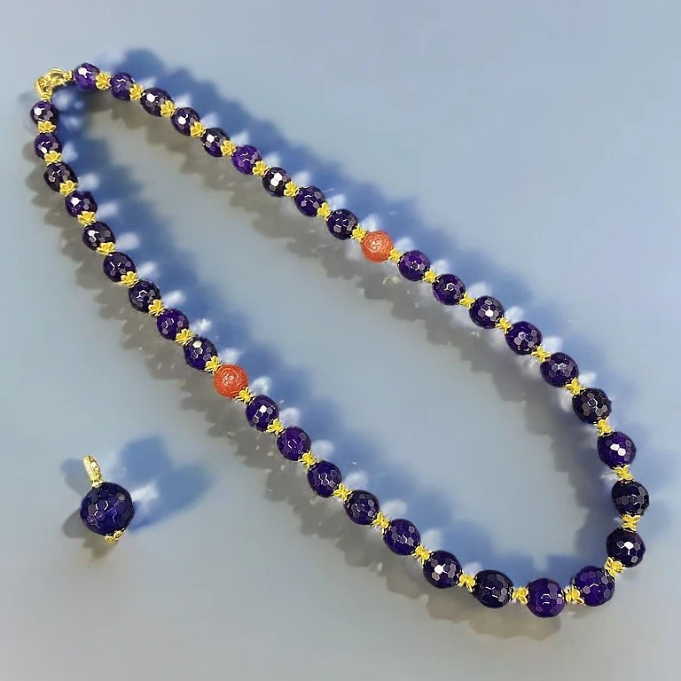 藏收国风紫玛瑙钻切面项链14MM38颗天然珠宝玉石高端紫龙醇妈妈链