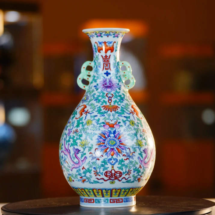 【樊匠造器】斗彩双耳草龙玉壶春瓷器