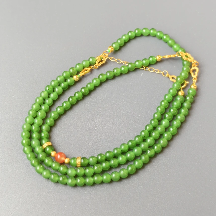 约4mm俄料苹果绿碧玉圆珠项链DIY配件S925银