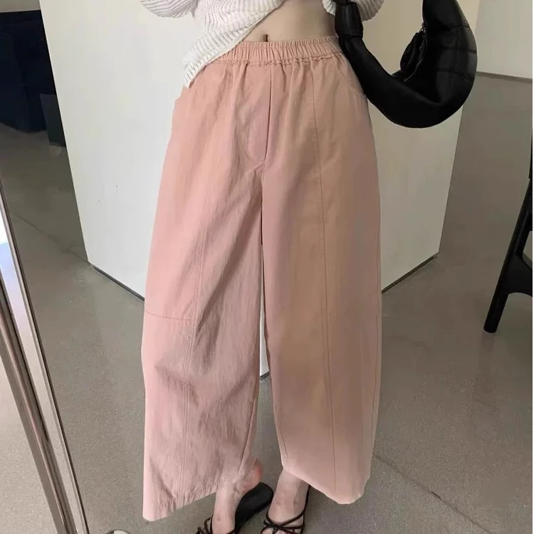 奶油粉休闲裤女2025夏季新款多巴胺颜色高腰显瘦松紧阔腿九分裤