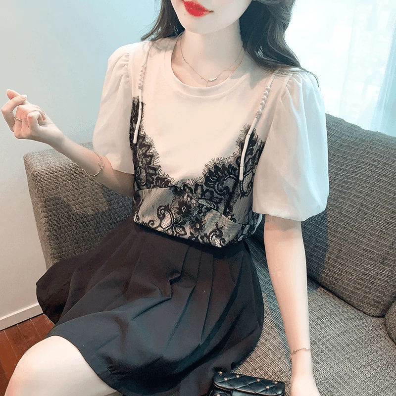 蕾丝拼接假两件短袖t恤女夏季时尚洋气时髦设计感小众泡泡袖上衣