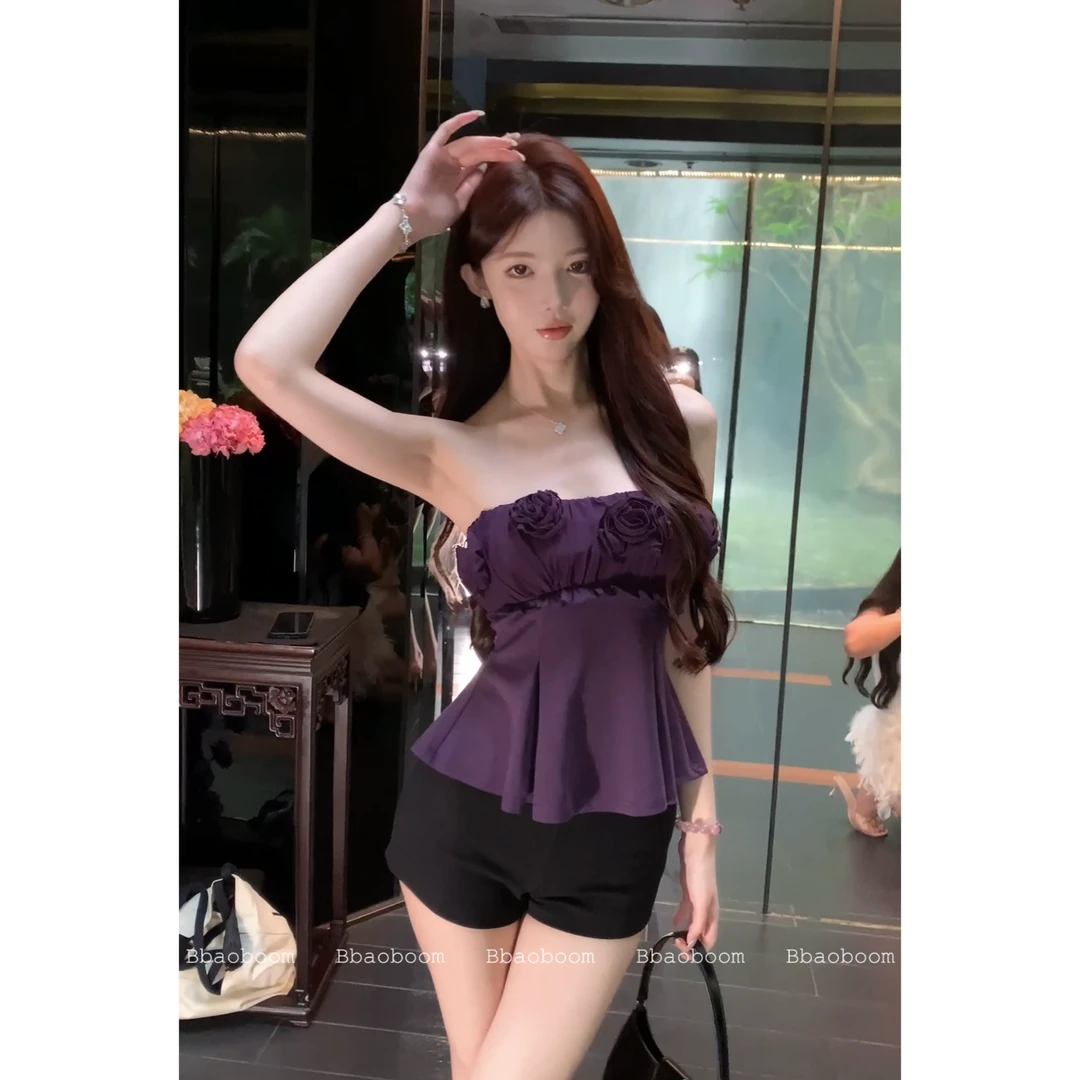 现货暴暴家 紫色打揽辣妹立体花朵收腰显瘦抹胸上衣B0939