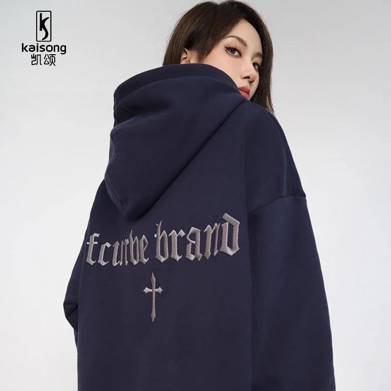 凯颂大码300斤美式刺绣拉链卫衣男女秋冬宽松百搭加绒开衫外套