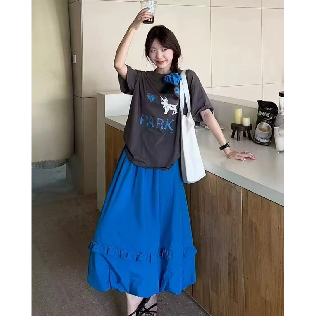 大码女装胖mm夏季休闲套装小狗印花百搭宽松T恤花苞半身裙两件套