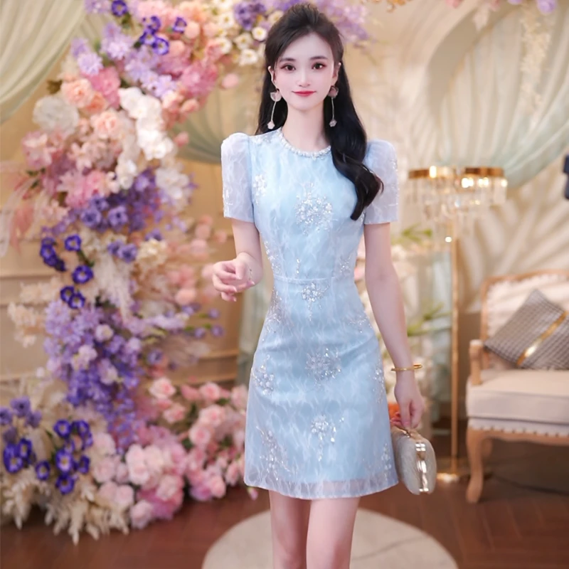 夏季新款气质高级感镶钻连衣裙女法式蕾丝刺绣新款名媛A字裙6211