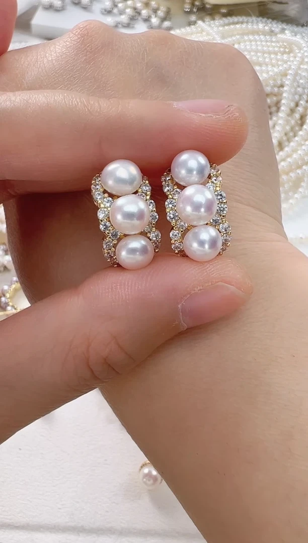 【闪购商品】淡水珍珠耳饰合金金色三珠