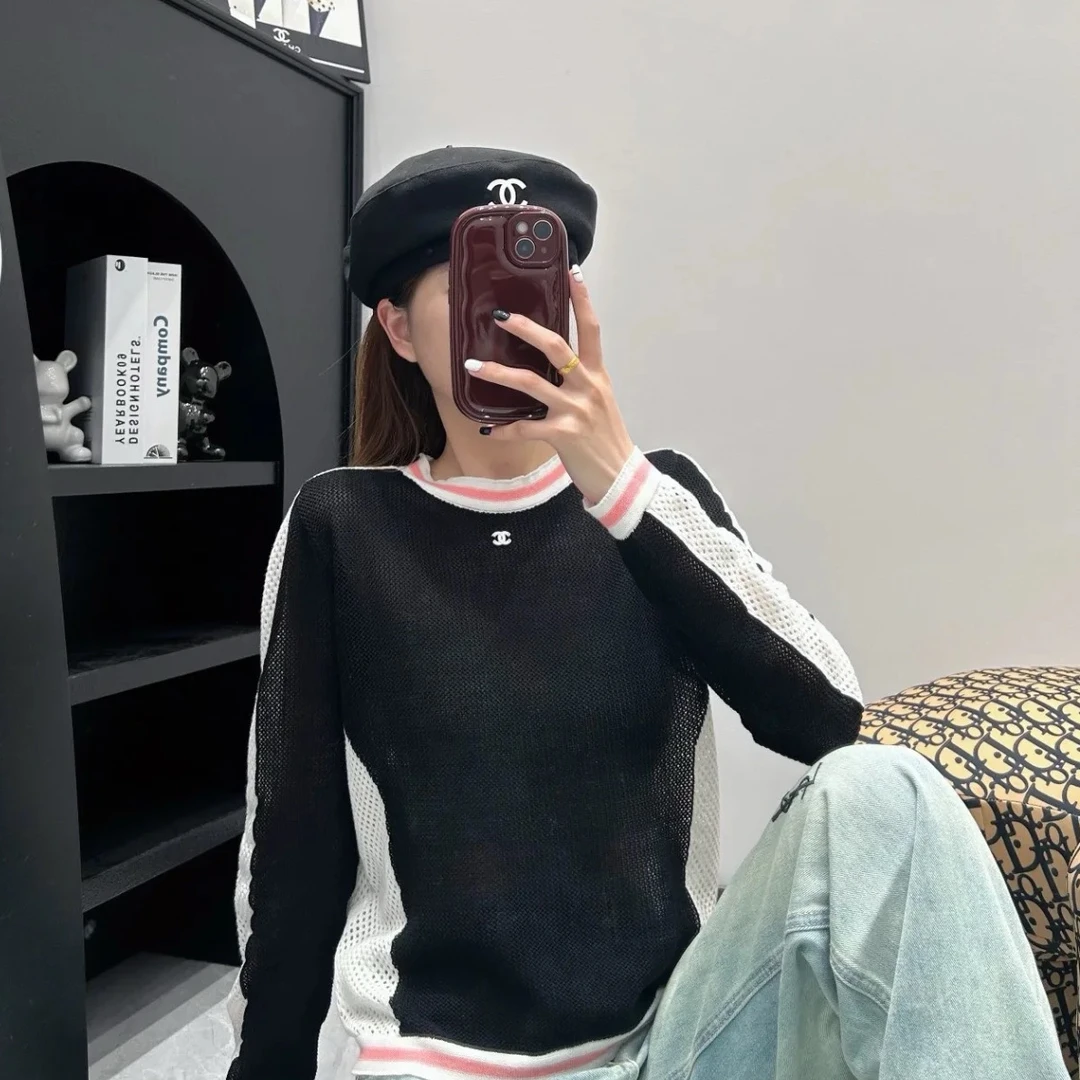 99新 Chanel/香奈儿 34码 黑色拼白色拼粉色边 长袖 上衣