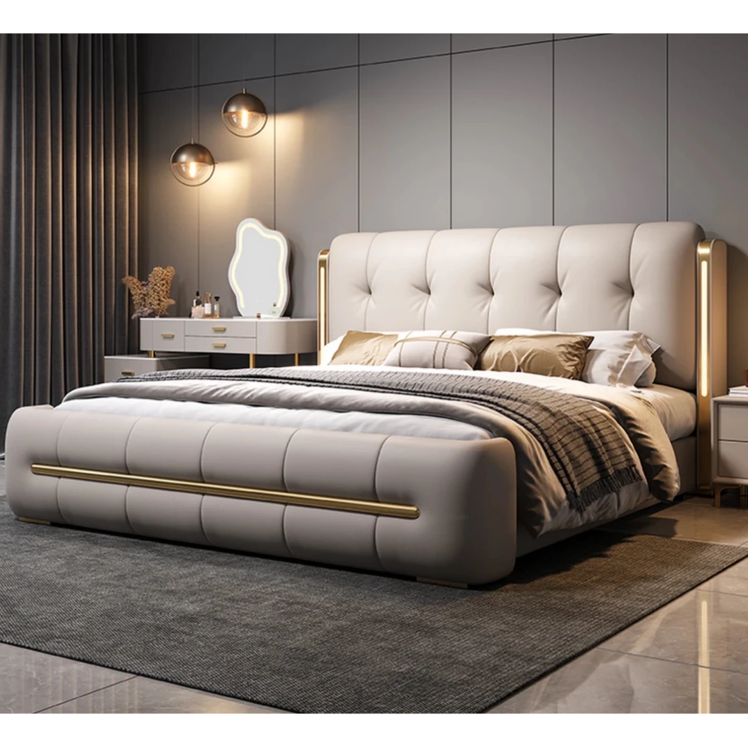 床头带灯现代简约真皮床免洗皮艺双人床家用主卧室1.8米2米床7009