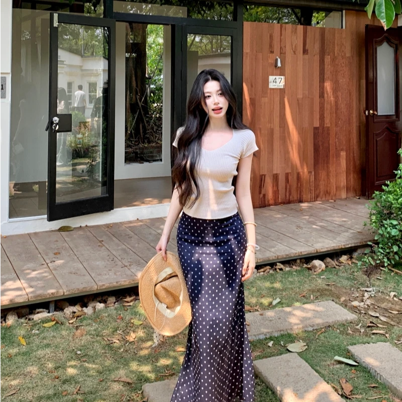 V领针织短袖收腰T恤上衣女春双层长款复古波点中腰半身裙直筒裙