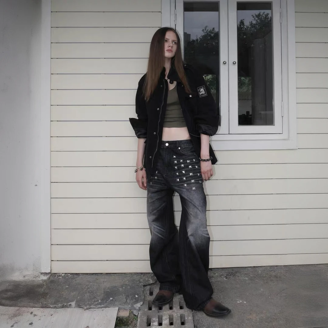 no E mosen黑色做旧猫须水洗baggy方钉装饰宽松直筒牛仔裤NE3618B