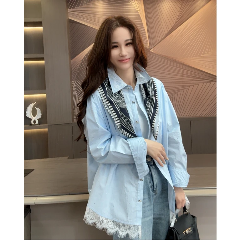 【临风明夏】衬衣外套YX9029舒适纯色拼蕾丝星光上衣女款