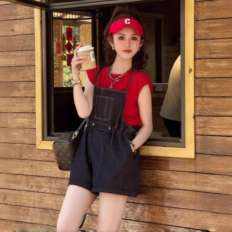 时尚休闲套装女2025夏季新款减龄小个子短袖T恤牛仔背带裤两件套