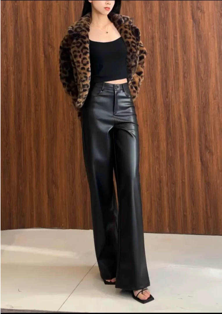 加绒超高腰显瘦黑色宽松百搭阔腿休闲皮裤小黑裤