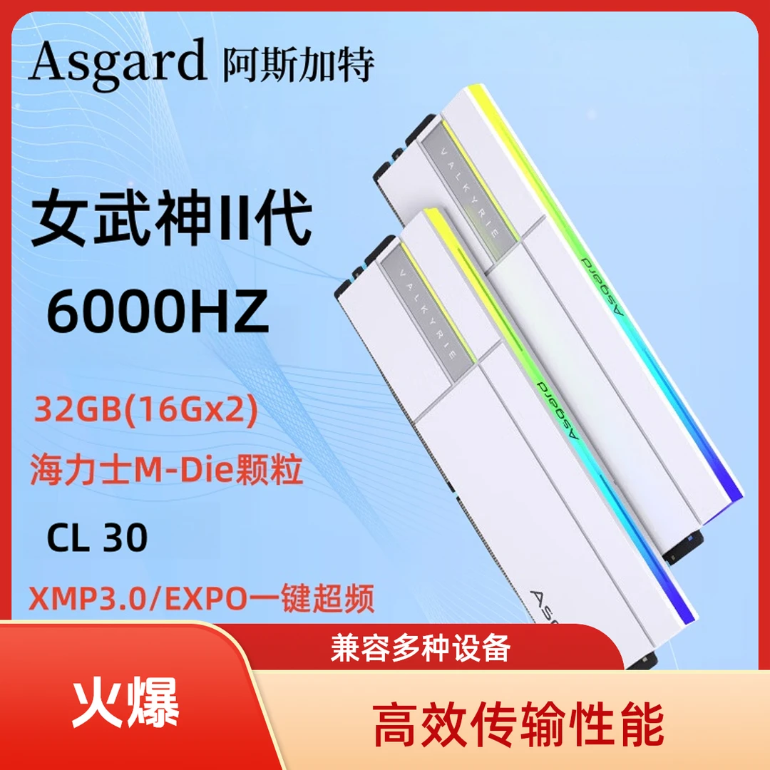 阿斯加特女武神Ⅱ代32GB 6000HZ (16Gx2)D5台式机内存条RGB灯条C30