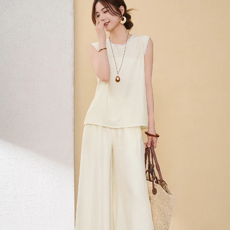 【苏西施】2025夏季薄款洋气显瘦无袖上衣加松紧腰休闲阔腿时尚套装