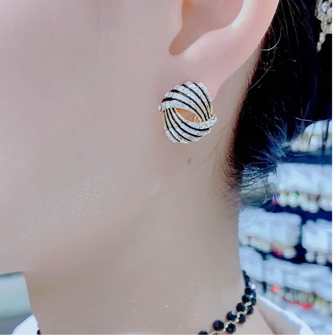 铜合金合成锆石耳饰 174时尚百搭S925银针黑白条纹法式耳钉耳环