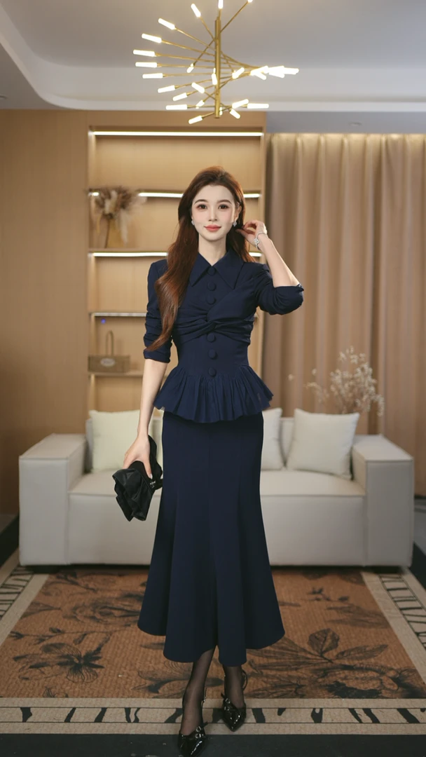罗曼湾湾 原创设计深蓝色气质时尚收腰上衣+鱼尾裙套装女新两件套