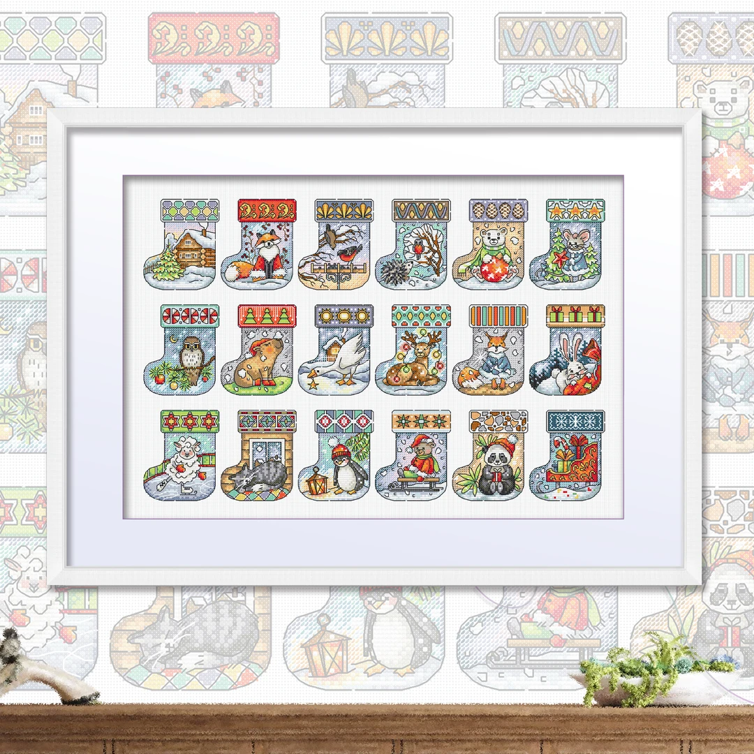 ks十字绣十八只圣诞袜新款自己绣手工棉线套件清新印花动物勾边