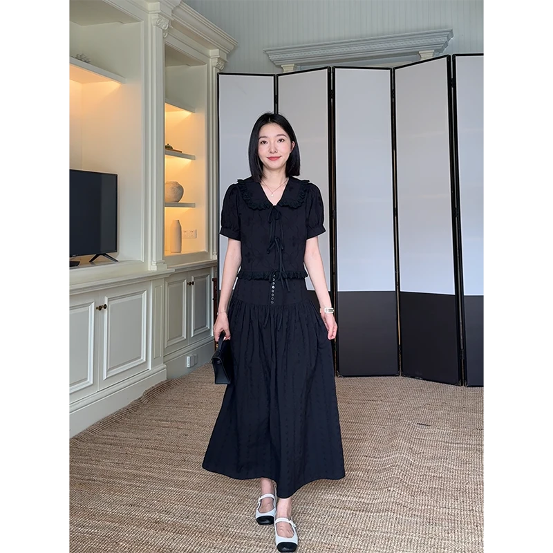 郭九九呢 100%棉重工绣花蕾丝拼接短袖衬衫腰封半身裙 G925A10129