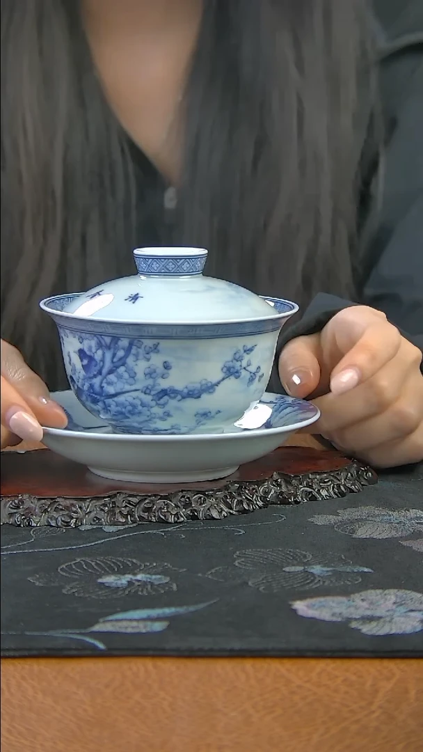 景德镇陶瓷青花喜上眉梢三才盖碗