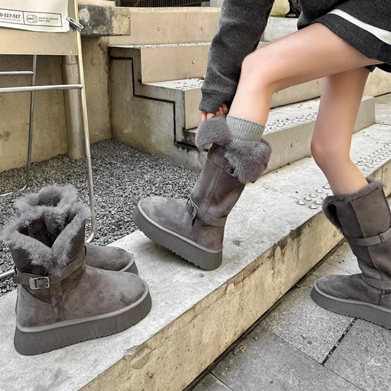 小灰熊灰色雪地靴女2025冬季新款加绒加厚高筒棉靴厚底增高