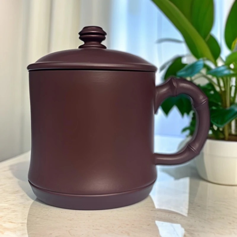 宜兴原矿紫砂纯手工高档百目龙血砂光素竹节盖杯带盖手工茶杯