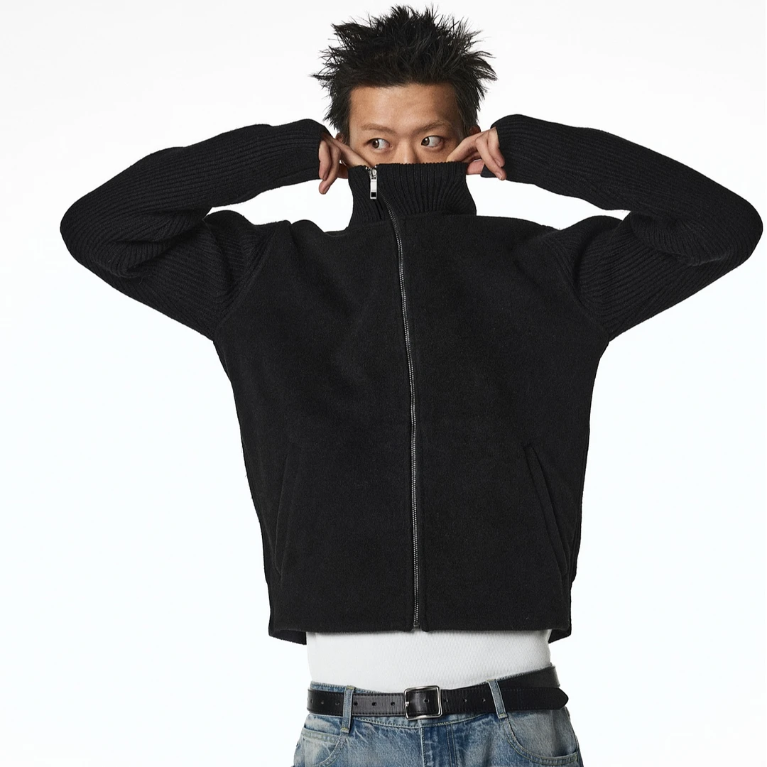 OaOO 羊毛立领拉链拼接软糯亲肤短宽廓形毛衣针织衫外套cleanfit