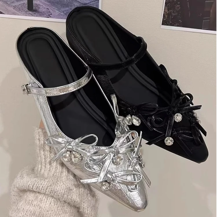 内增高银色包头半拖鞋女鞋子外穿2025新款春夏季玛丽珍蝴蝶结单鞋