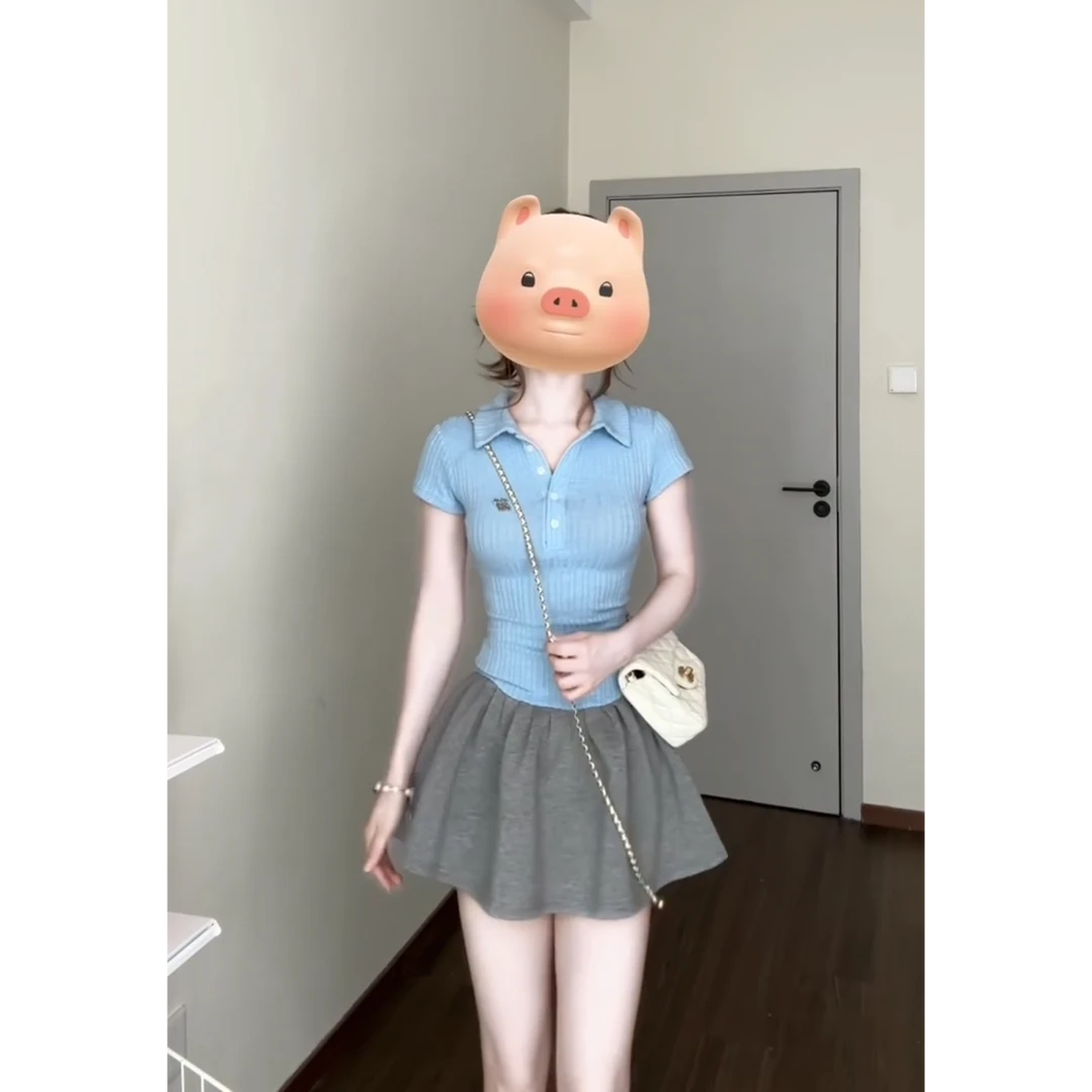 MARIE.COCO学院风polo领拼接短袖连衣裙夏季修身收腰辣妹蓬蓬裙