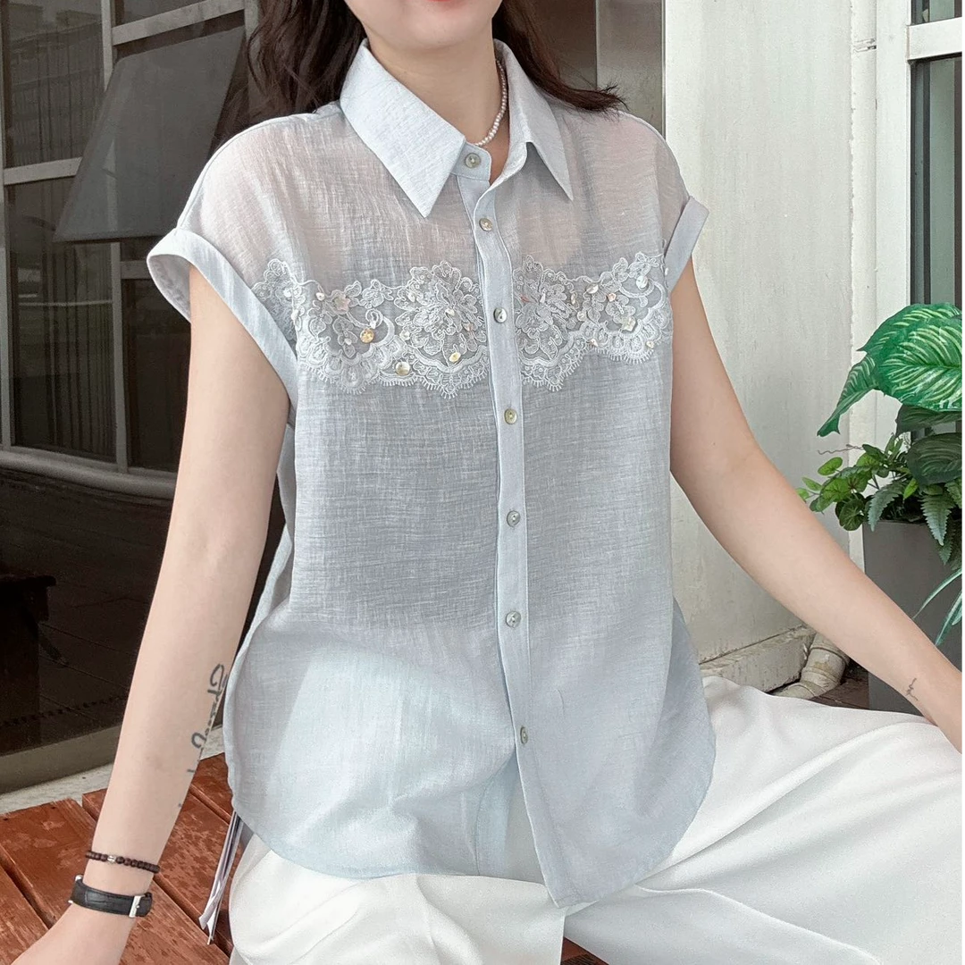 深圳南油高端醋酸时尚短袖蕾丝夏季显瘦衬衫小众减龄拼接翻领上衣