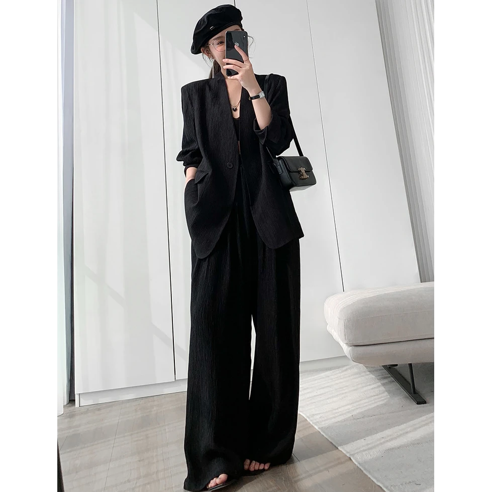 大码女装黑色西装套装女秋装新款胖妹妹时尚气质宽松长袖显瘦西服