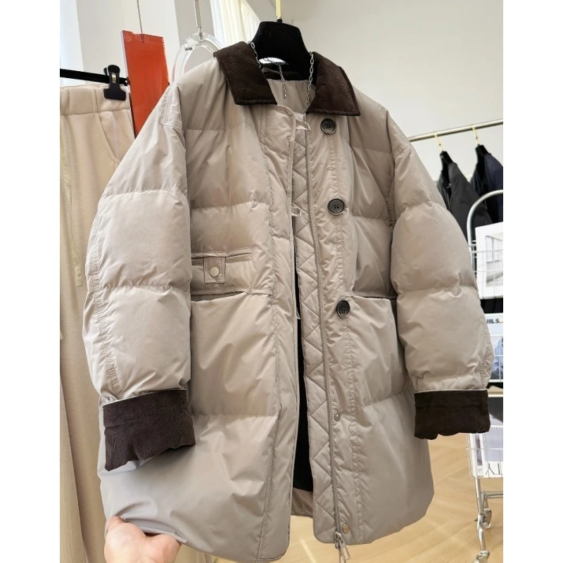 韩系高级感巴恩风撞色翻领中长款棉衣棉服女冬时尚面包服保暖外套