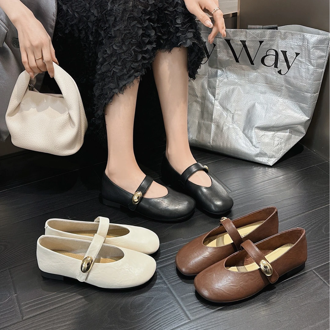 潮流伴侣复古奶奶鞋女春2025浅口平底单鞋百搭一字带玛丽珍豆豆鞋