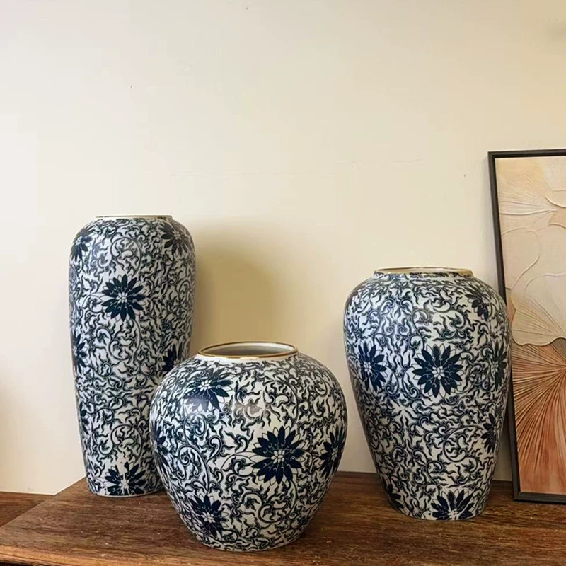 景德镇陶瓷花瓶摆件客厅插花青花缠枝菊轻奢高级感水培富贵竹陶罐