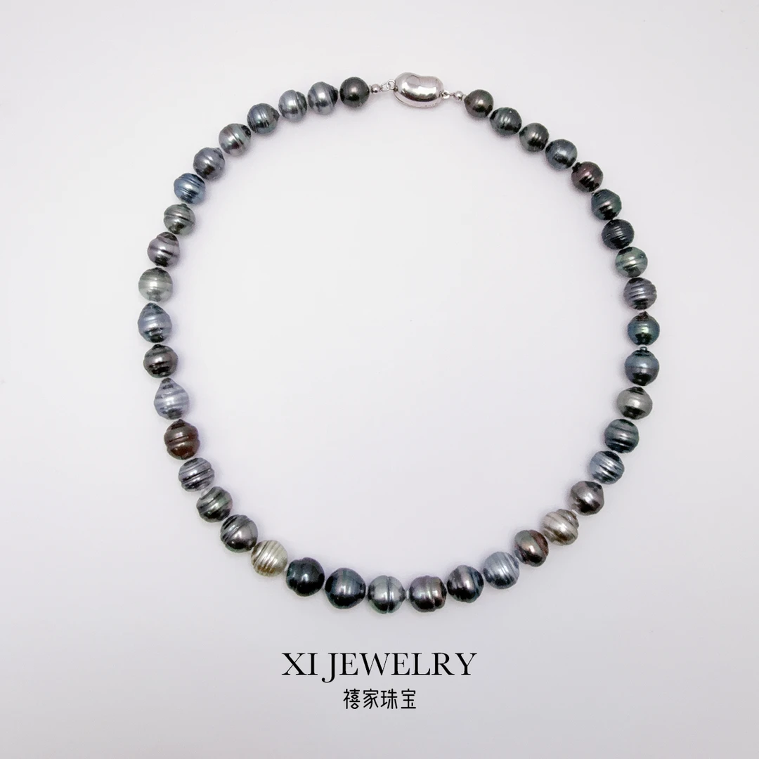 禧家天然海水大溪地珍珠8.2-10.7mm+S925银扣头项链气质百搭黑色