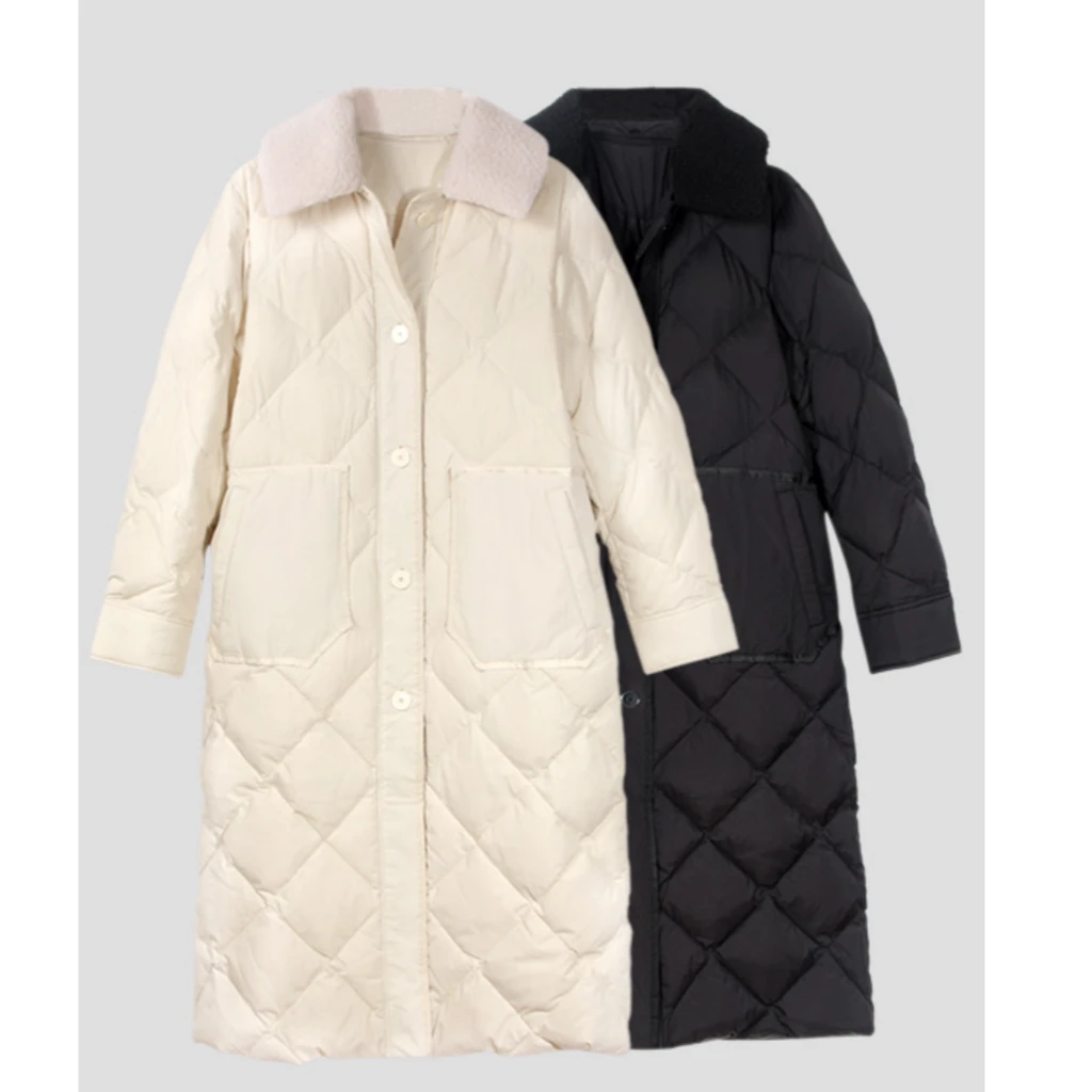 宝丫轻奢  女式复古简约毛绒翻领中长羽绒服外套T194