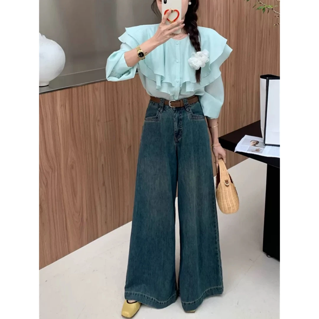 新款复古时尚百搭显瘦休闲垂感阔腿直筒外穿水洗牛仔裤女8046#0.1