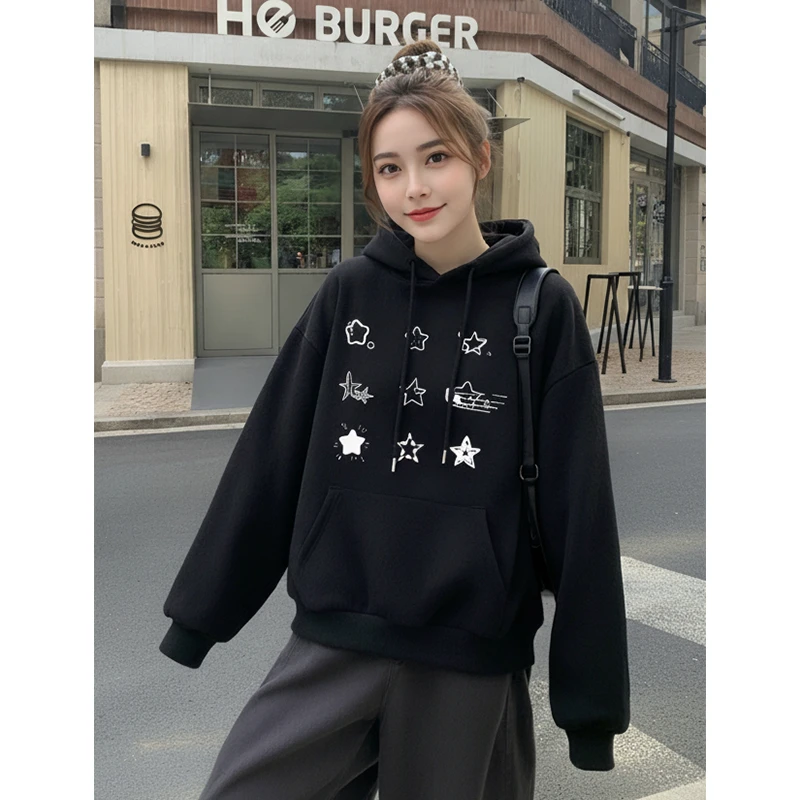黑色韩版星星印花连帽卫衣女款秋冬外穿帽衫显瘦宽松套头长袖上衣