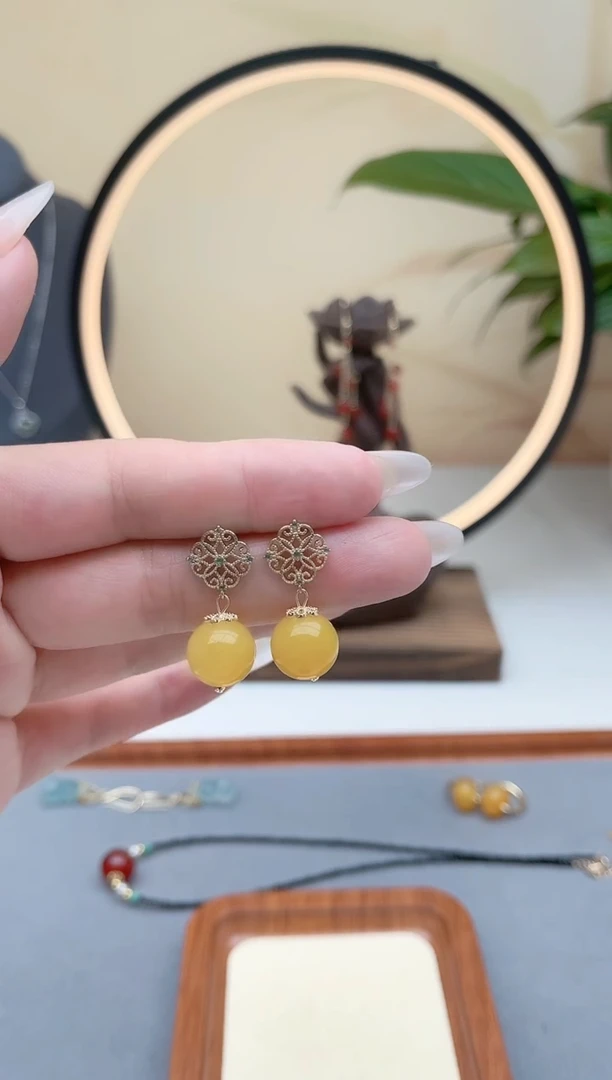 玛瑙/玉髓耳饰银S925镶嵌00黄色耳钉