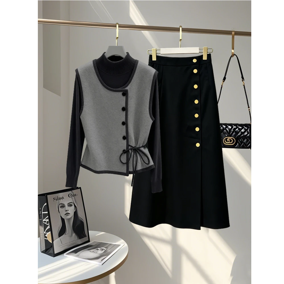 2025秋冬潮流时尚套装穿搭女新款系带设计马甲打底衫半身裙三件套
