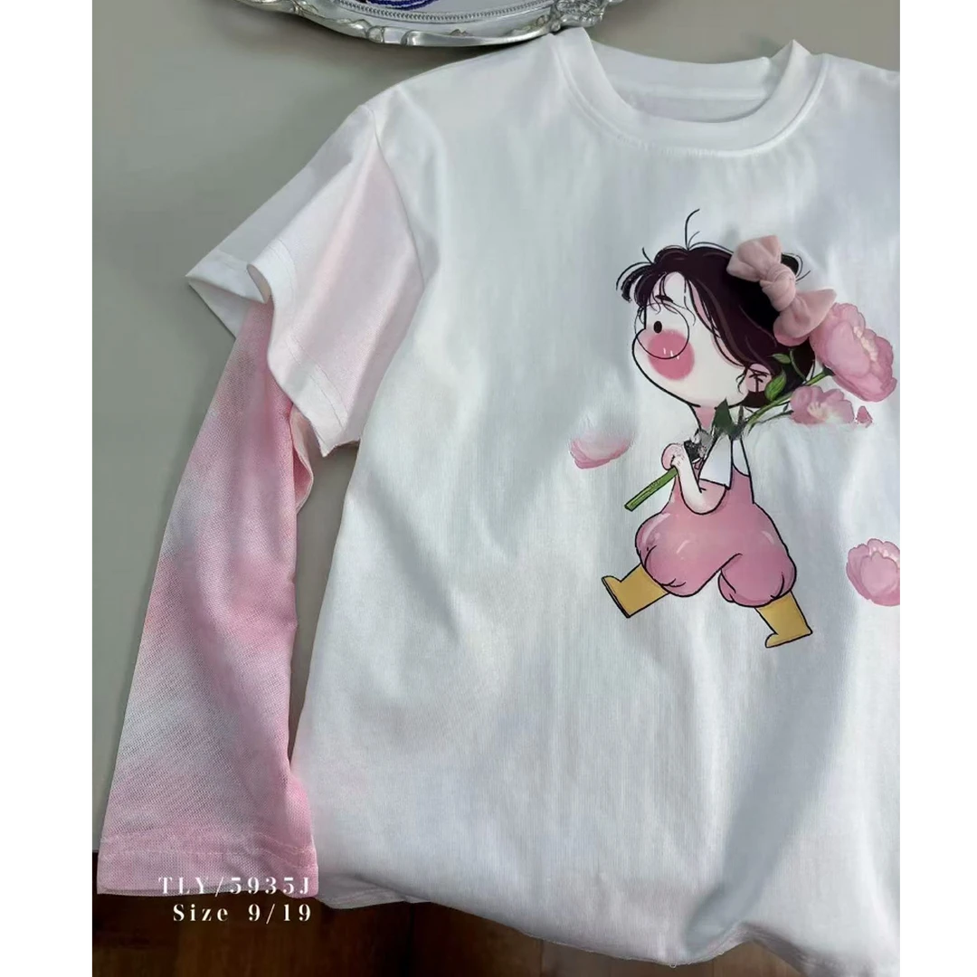 【豪宝贝】2025春夏款鲜花女孩晕染纱袖假两件5935