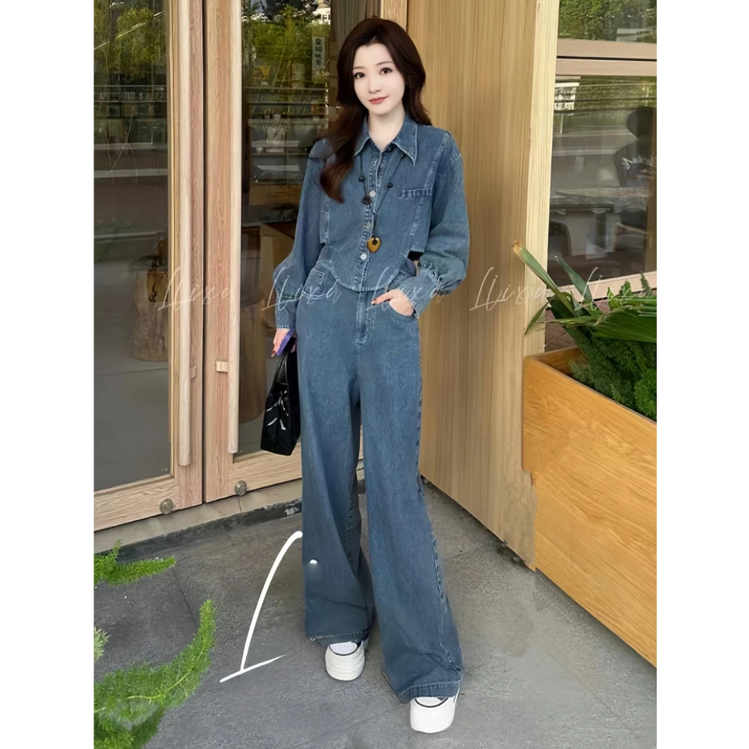 时尚牛仔套装女秋季新款洋气显瘦不规则翻领长袖外套阔腿裤两件套