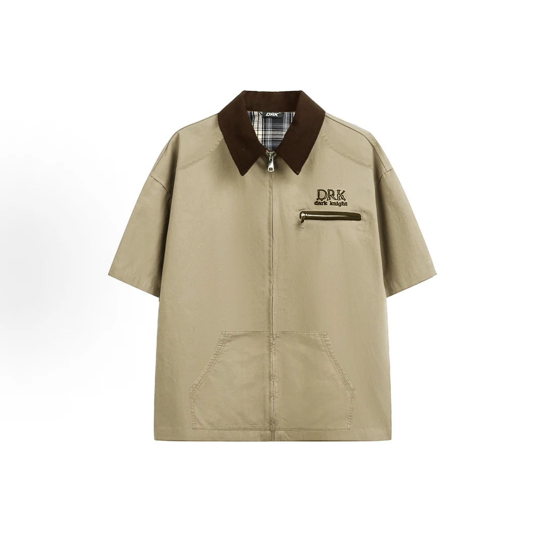 美式复古短袖衬衫2025新款男士夏季翻领拼色工装痞帅休闲衬衣短袖