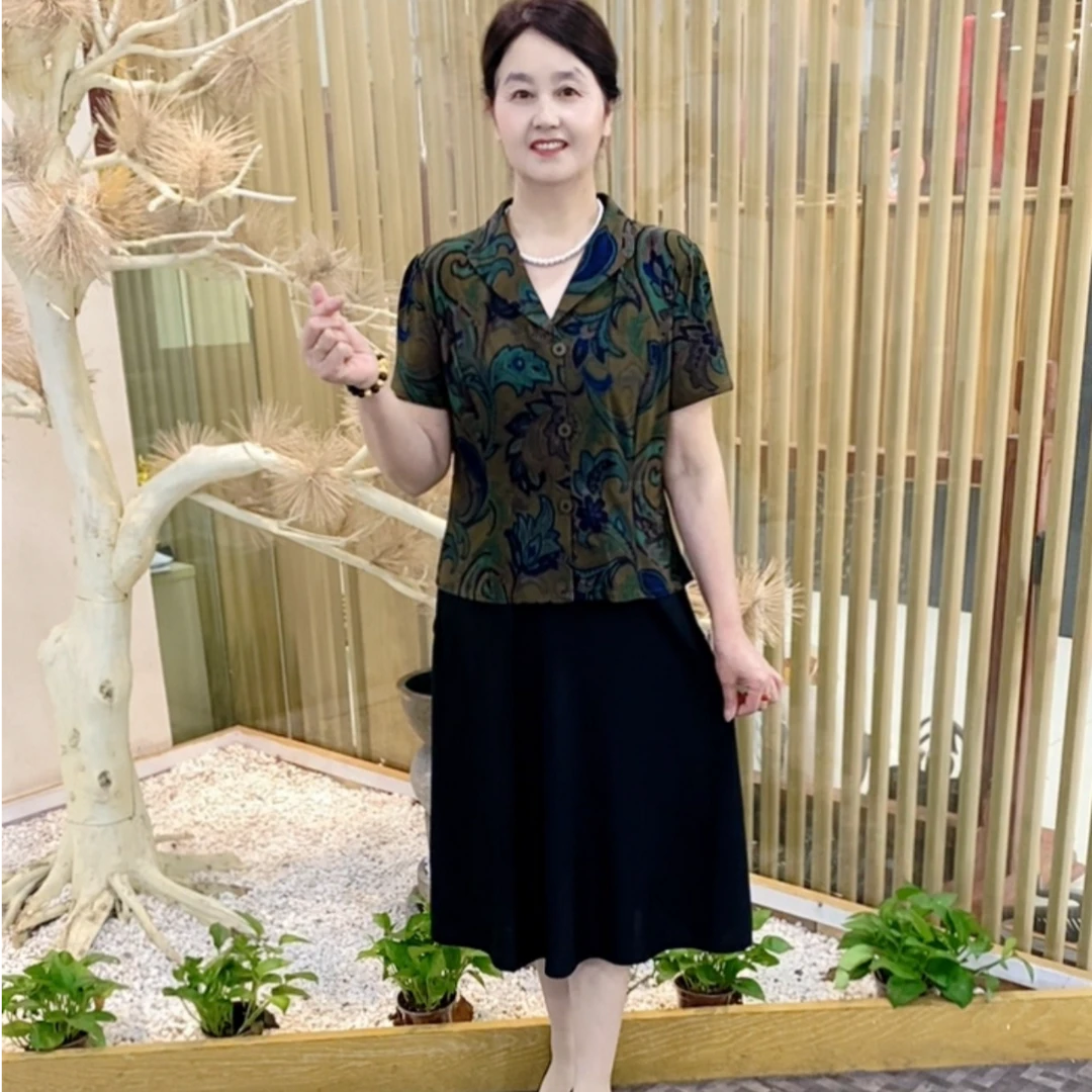 夏季妈妈装时尚洋气显瘦气质减龄中老年复古中长款短袖拼接连衣裙