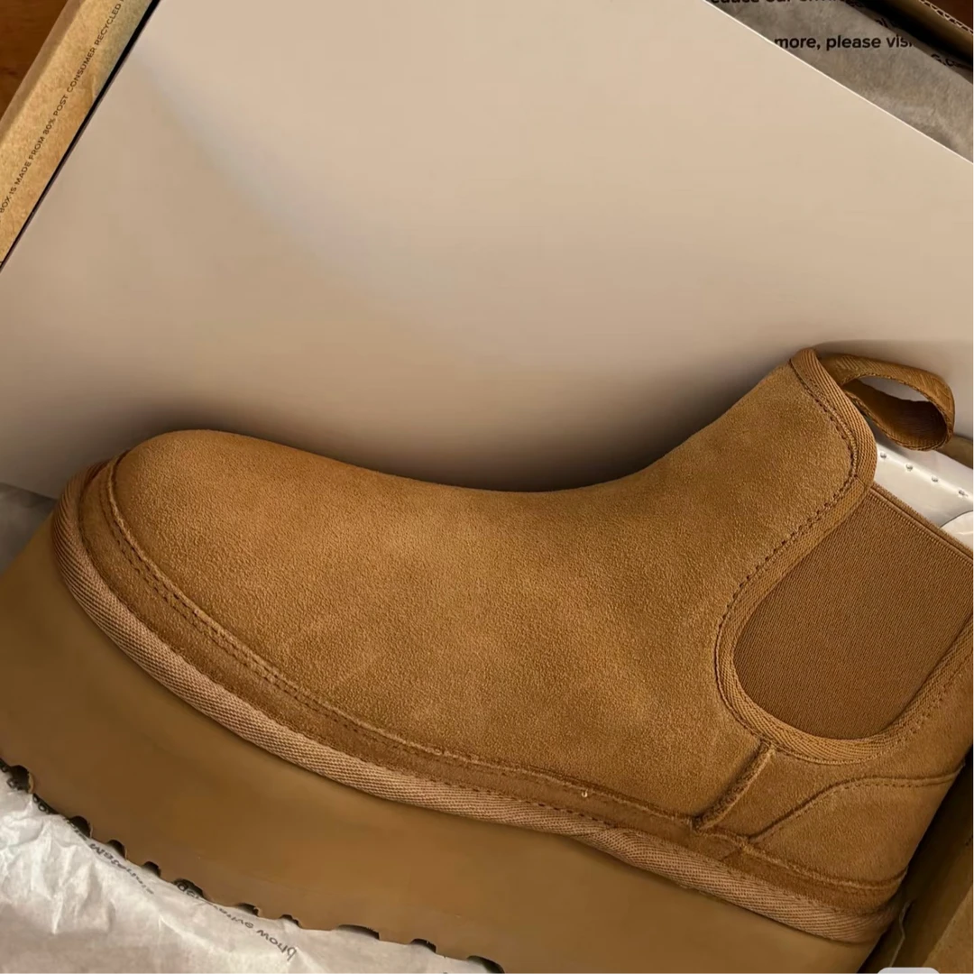 桑坡切尔西栗色冬季百搭加绒百搭雪地靴皮毛一体真皮加厚保暖