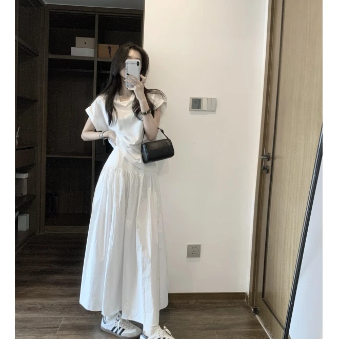 夏季新款纯色休闲套装女法式度假休闲正肩T恤温柔半身裙两件套